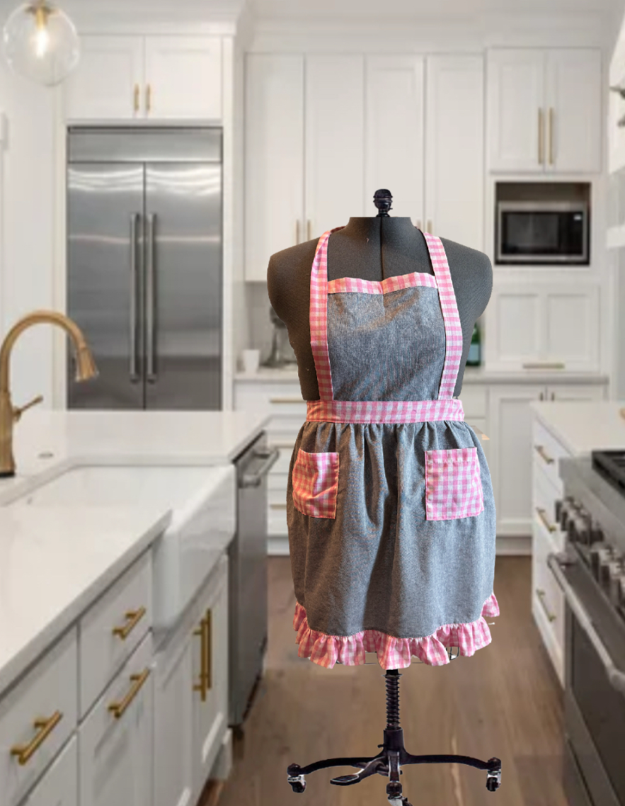 Classic Apron (Pink Checker & Denim)