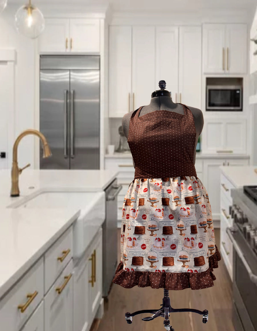 Classic Apron (Brown Polka Dot & Cake)